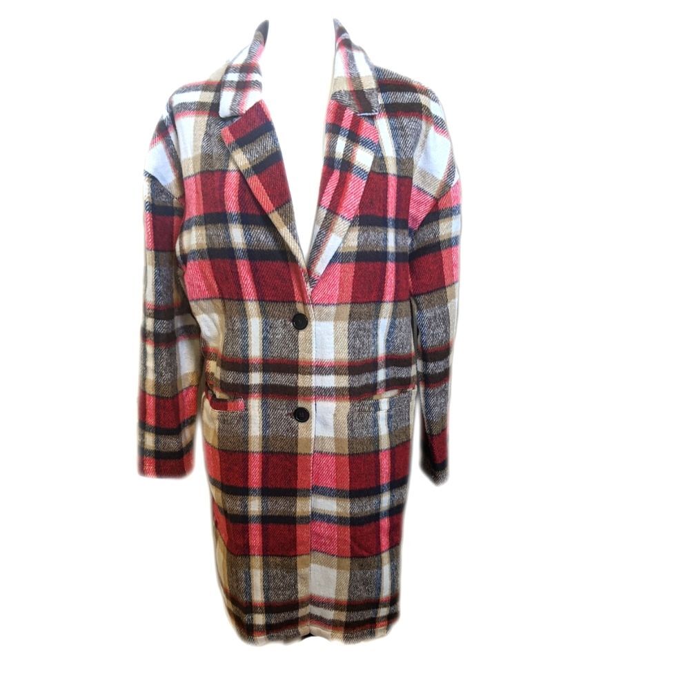 Automet long plaid shacket, button up jacket, flannel, red black cream, M